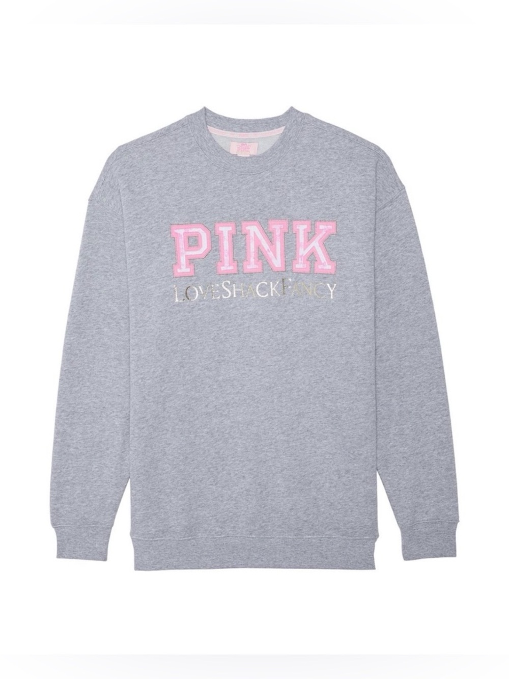 VS PINK X LOVESHACKFANCY CREW SWEATSHIRT HEATHER GRAY FLORAL LOGO RARE NWT XL